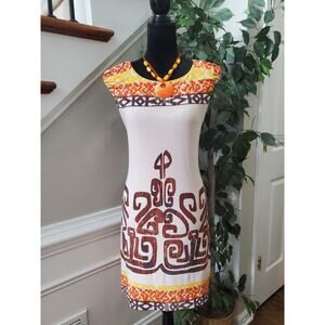 Sangria Women White & Yellow Polyester Round Neck Sleeveless Knee Length Dress 4